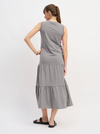 Women Grey Sleeveless Tiered Midi Dress