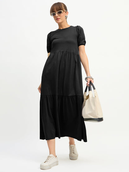 Women Black Puff Sleeve Midi Dress
