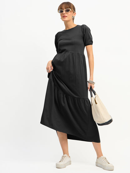 Women Black Puff Sleeve Midi Dress