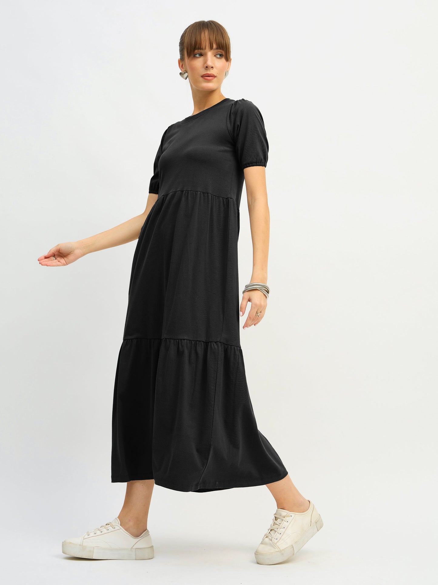 Women Black Puff Sleeve Midi Dress
