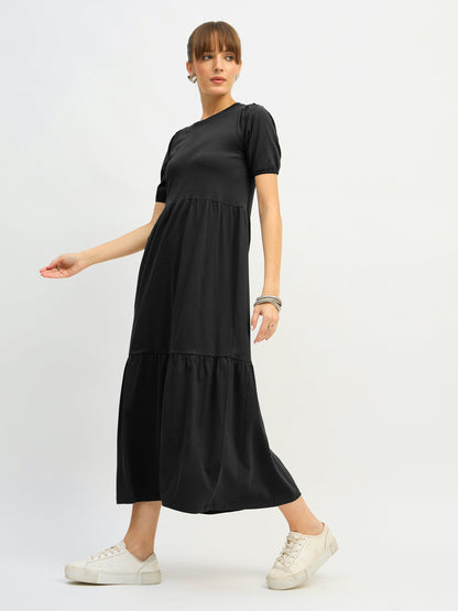 Women Black Puff Sleeve Midi Dress