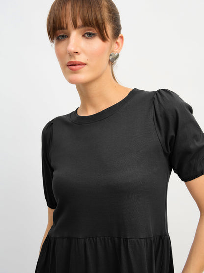 Women Black Puff Sleeve Midi Dress