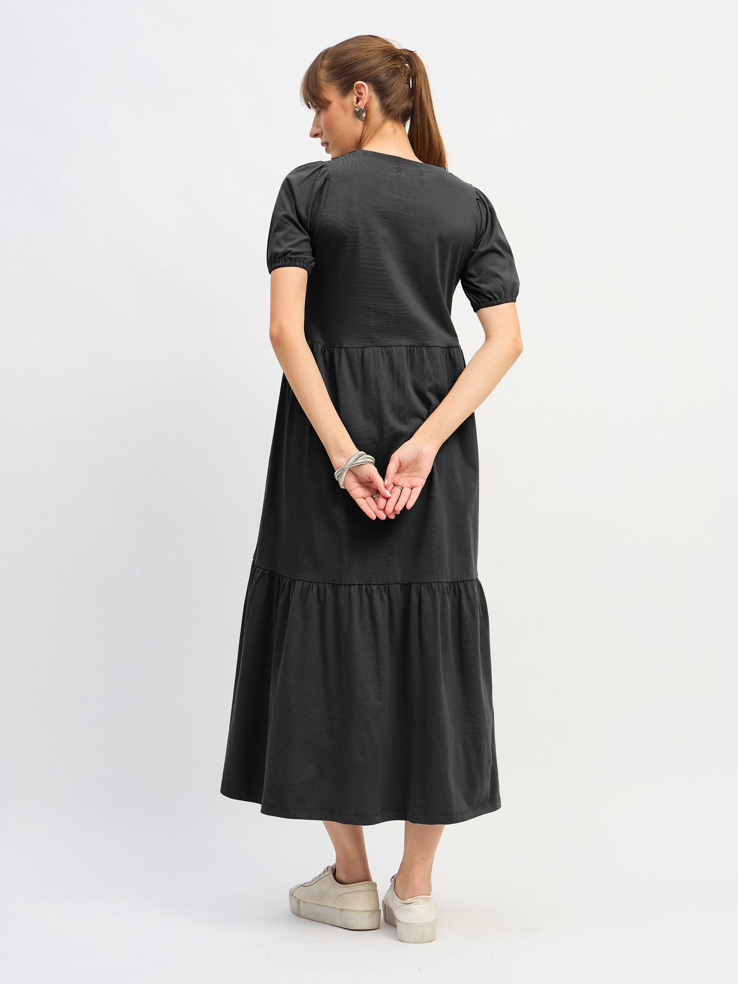 Women Black Puff Sleeve Midi Dress