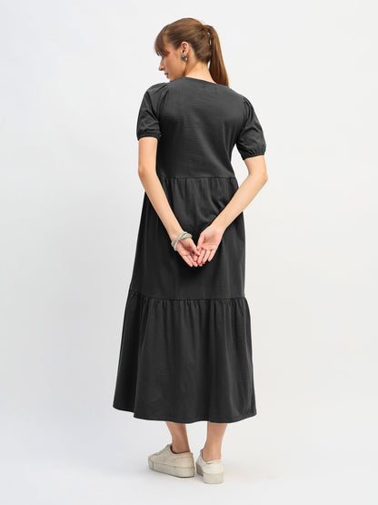 Women Black Puff Sleeve Midi Dress