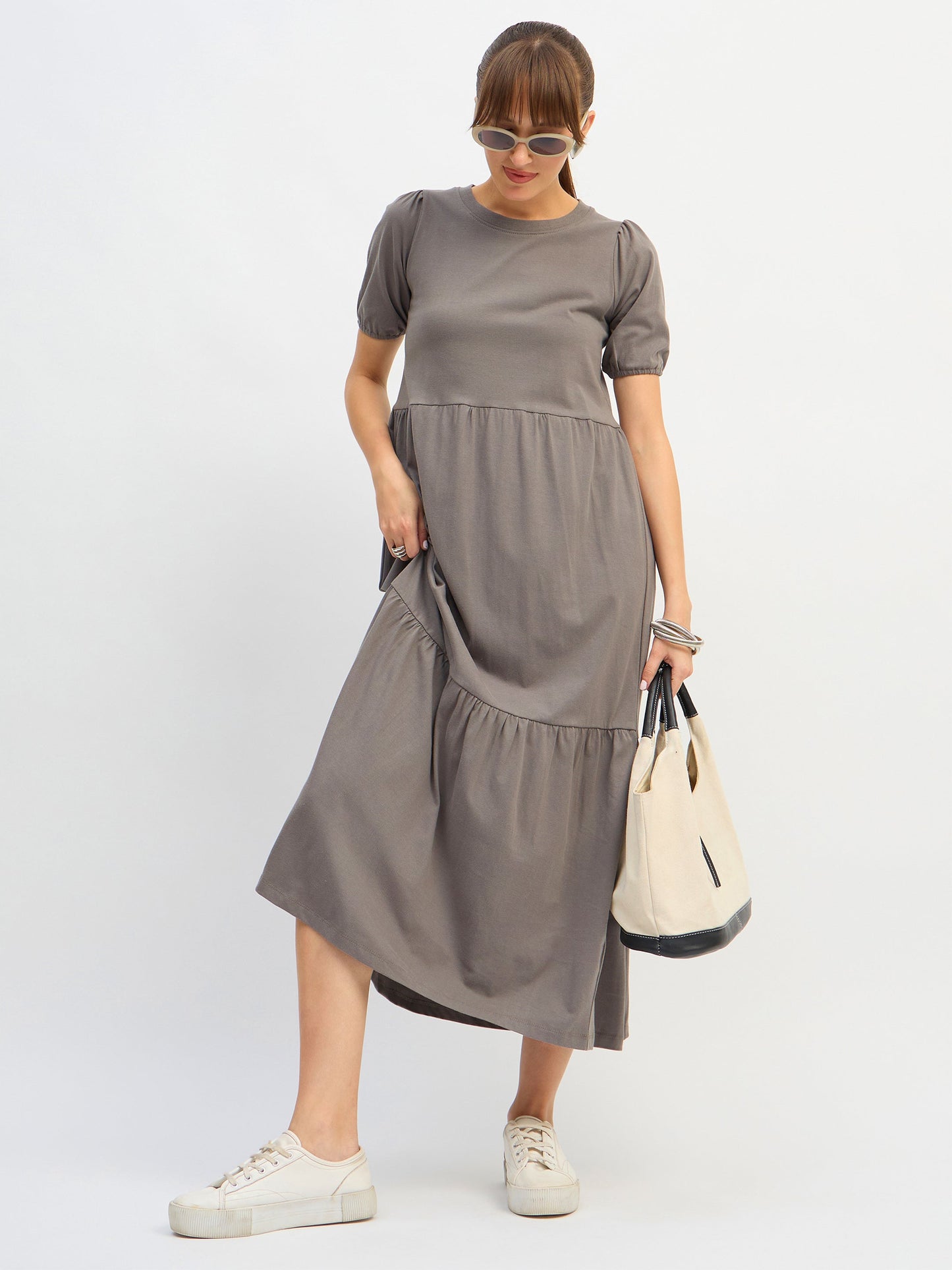 Women Grey Puff Sleeve Midi Dress