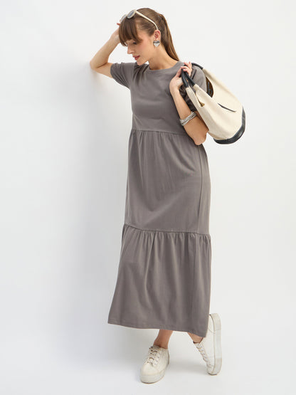 Women Grey Puff Sleeve Midi Dress