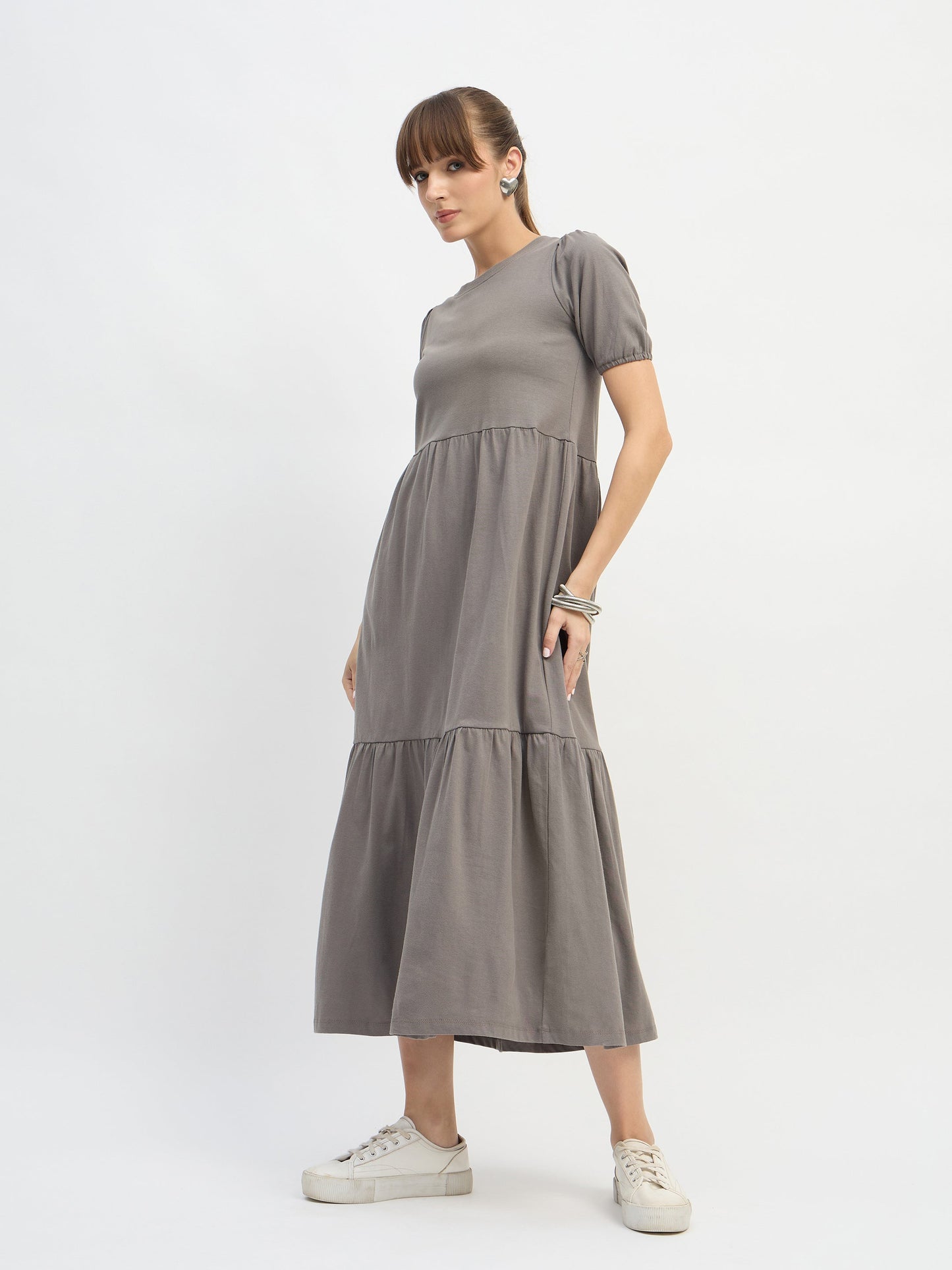 Women Grey Puff Sleeve Midi Dress