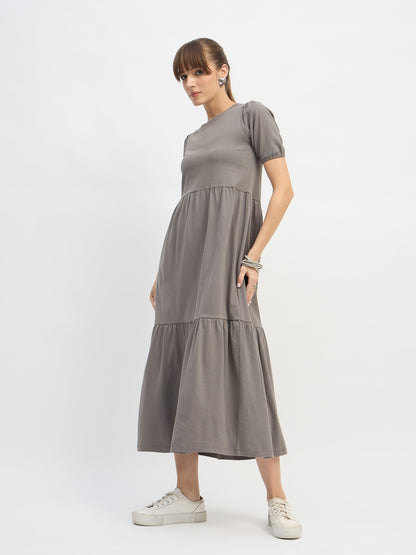 Women Grey Puff Sleeve Midi Dress