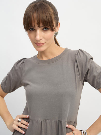 Women Grey Puff Sleeve Midi Dress