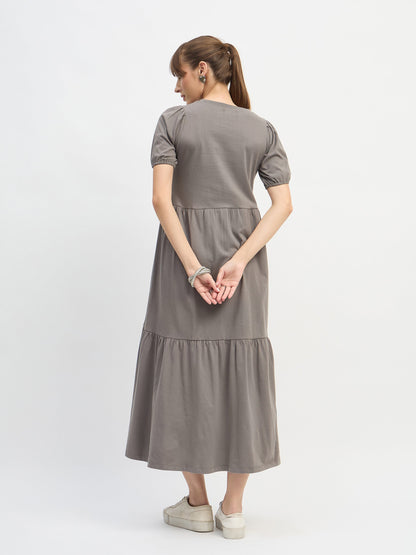 Women Grey Puff Sleeve Midi Dress