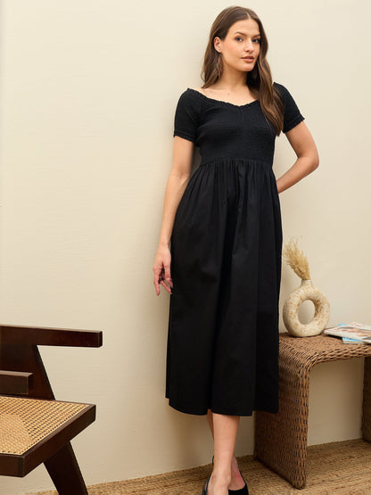 Women Black Poplin Smocked Midi Dress