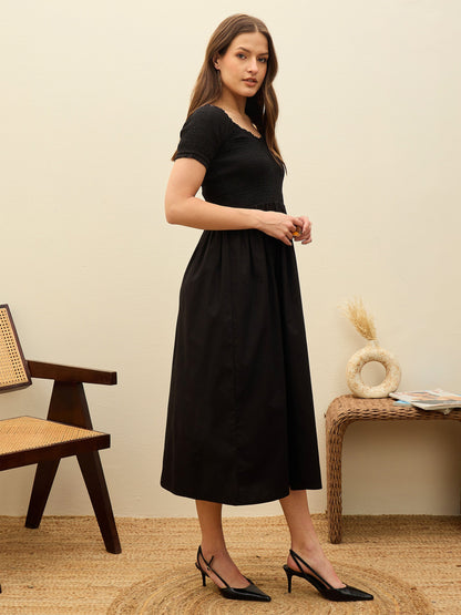 Women Black Poplin Smocked Midi Dress