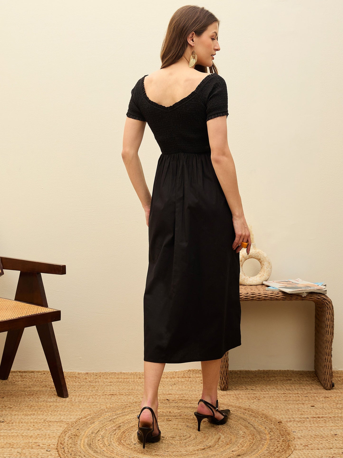 Women Black Poplin Smocked Midi Dress