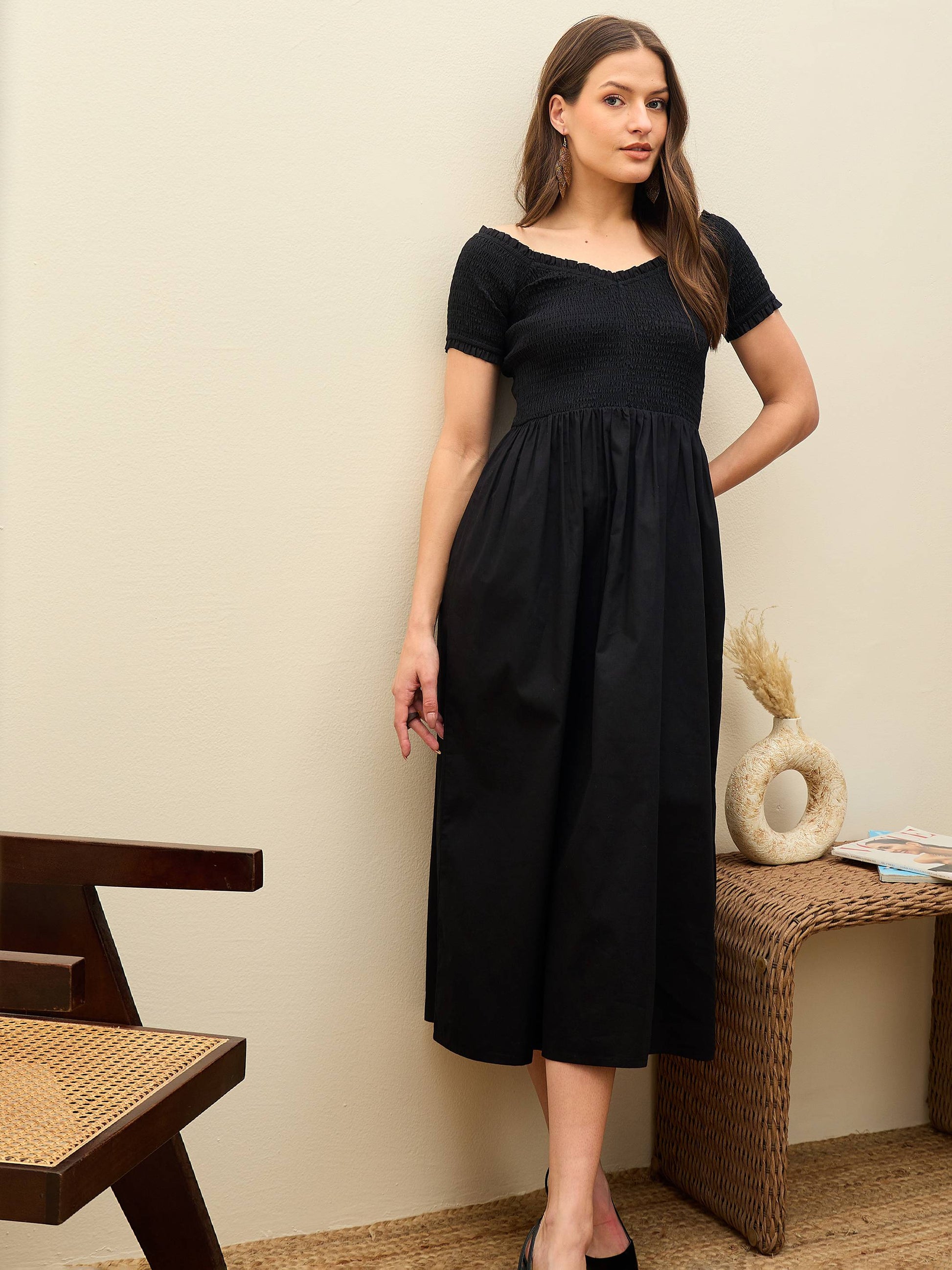 Women's Women Black Poplin Smocked Midi Dress in Cotton by Sassafras for wholesale, bulk, supplier, manufacturer and wholesaler buyers from Trendphoria