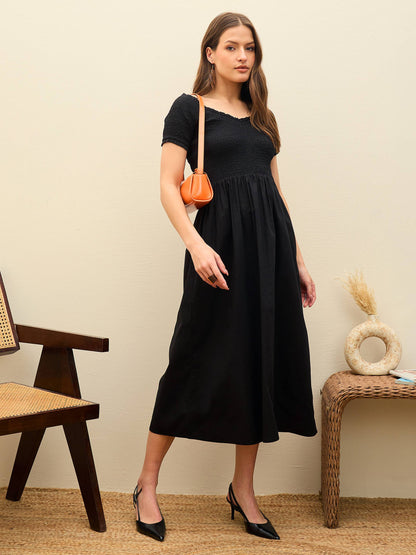Women Black Poplin Smocked Midi Dress