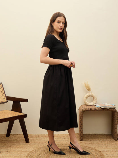 Women Black Poplin Smocked Midi Dress