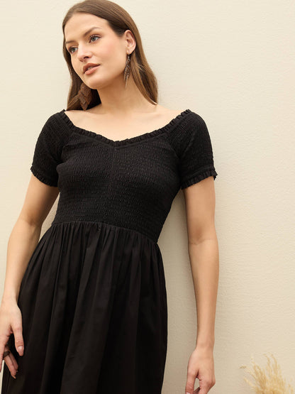 Women Black Poplin Smocked Midi Dress