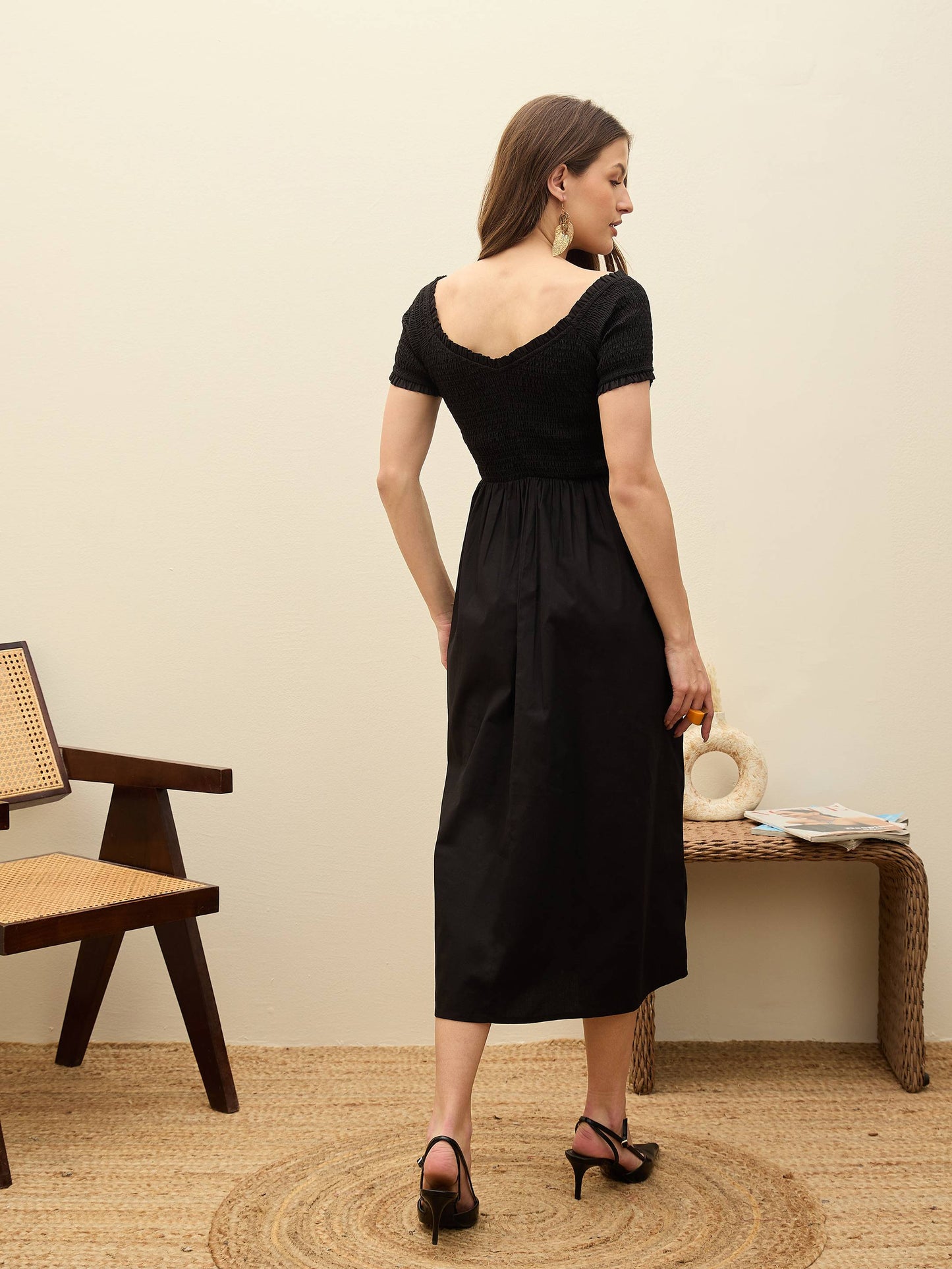 Women Black Poplin Smocked Midi Dress
