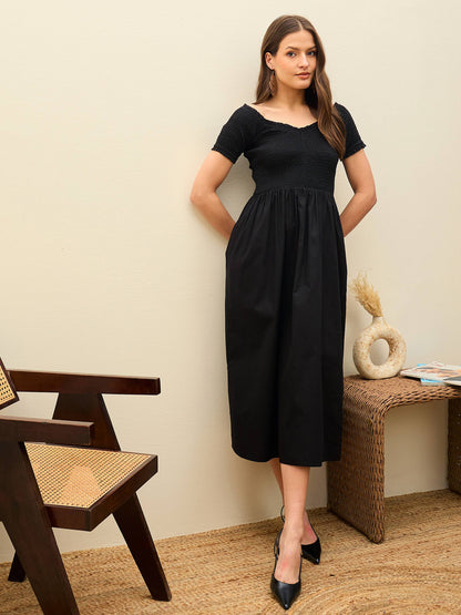 Women Black Poplin Smocked Midi Dress