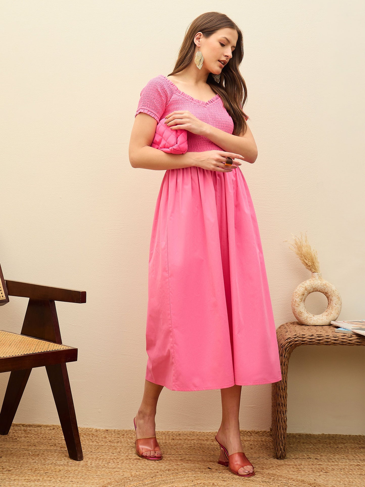 Women Pink Poplin Smocked Midi Dress