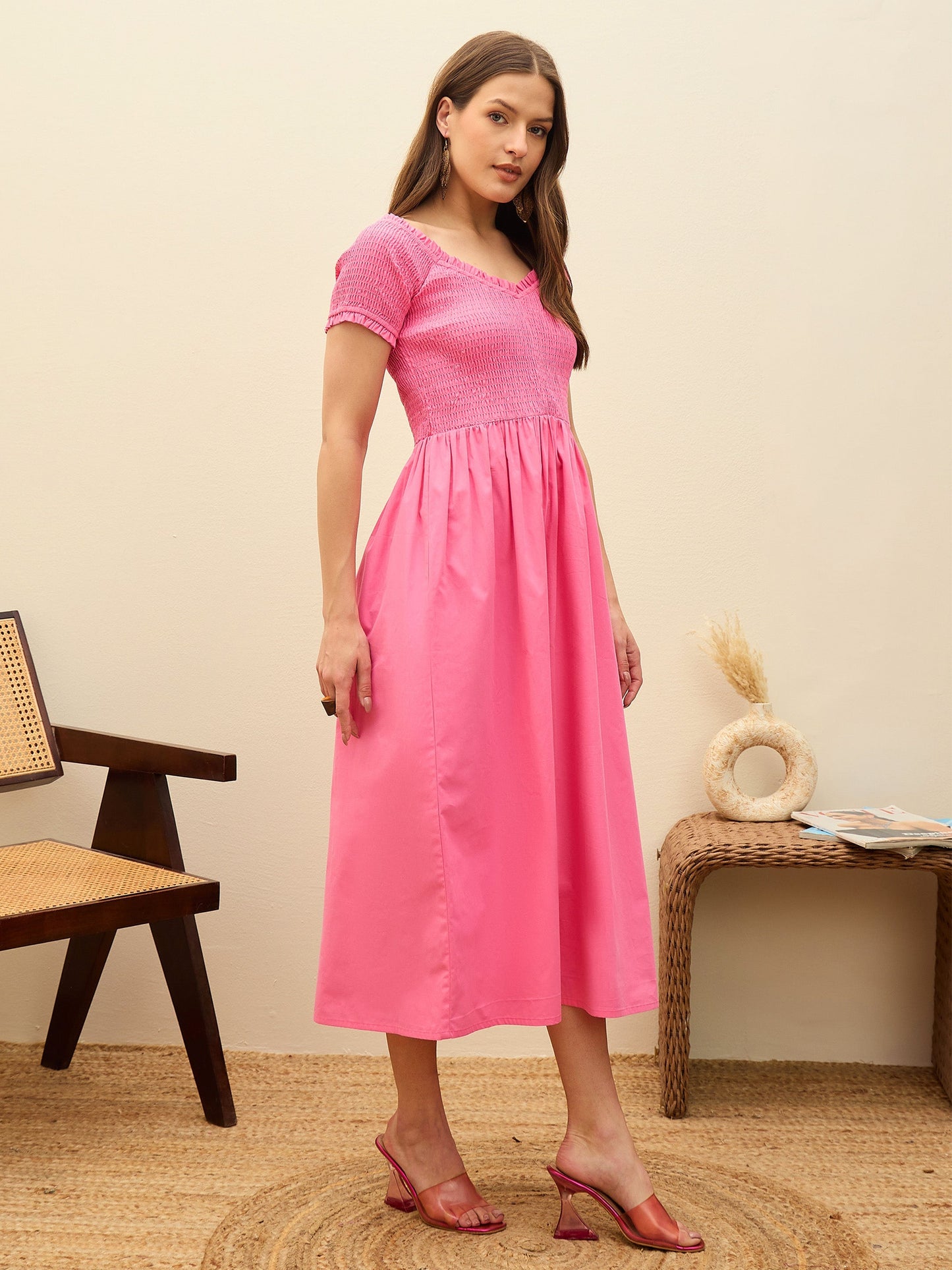 Women Pink Poplin Smocked Midi Dress