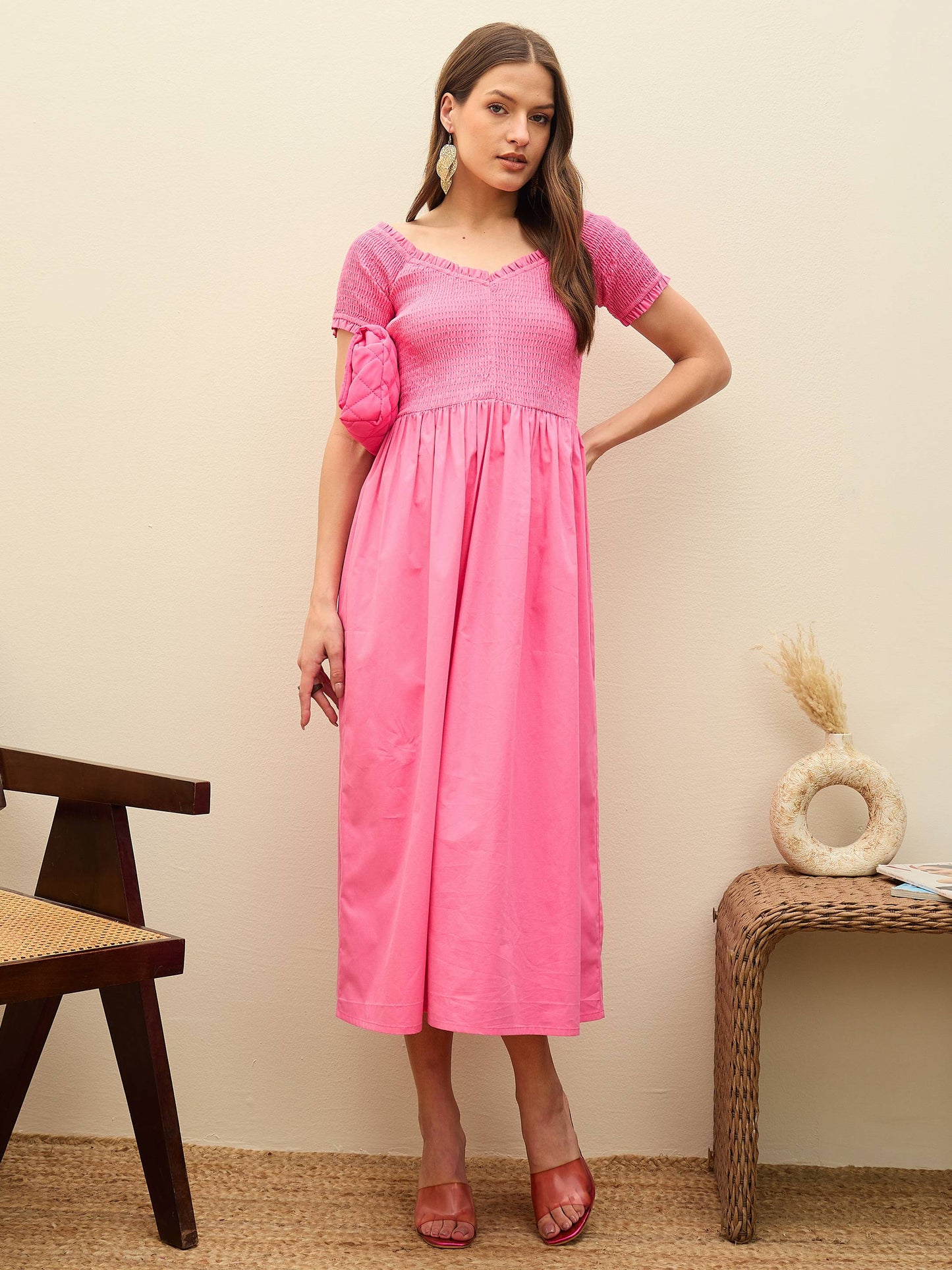 Women Pink Poplin Smocked Midi Dress