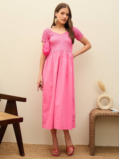 Women Pink Poplin Smocked Midi Dress