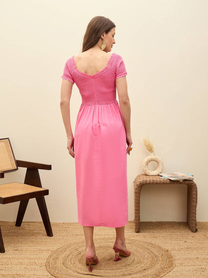 Women Pink Poplin Smocked Midi Dress