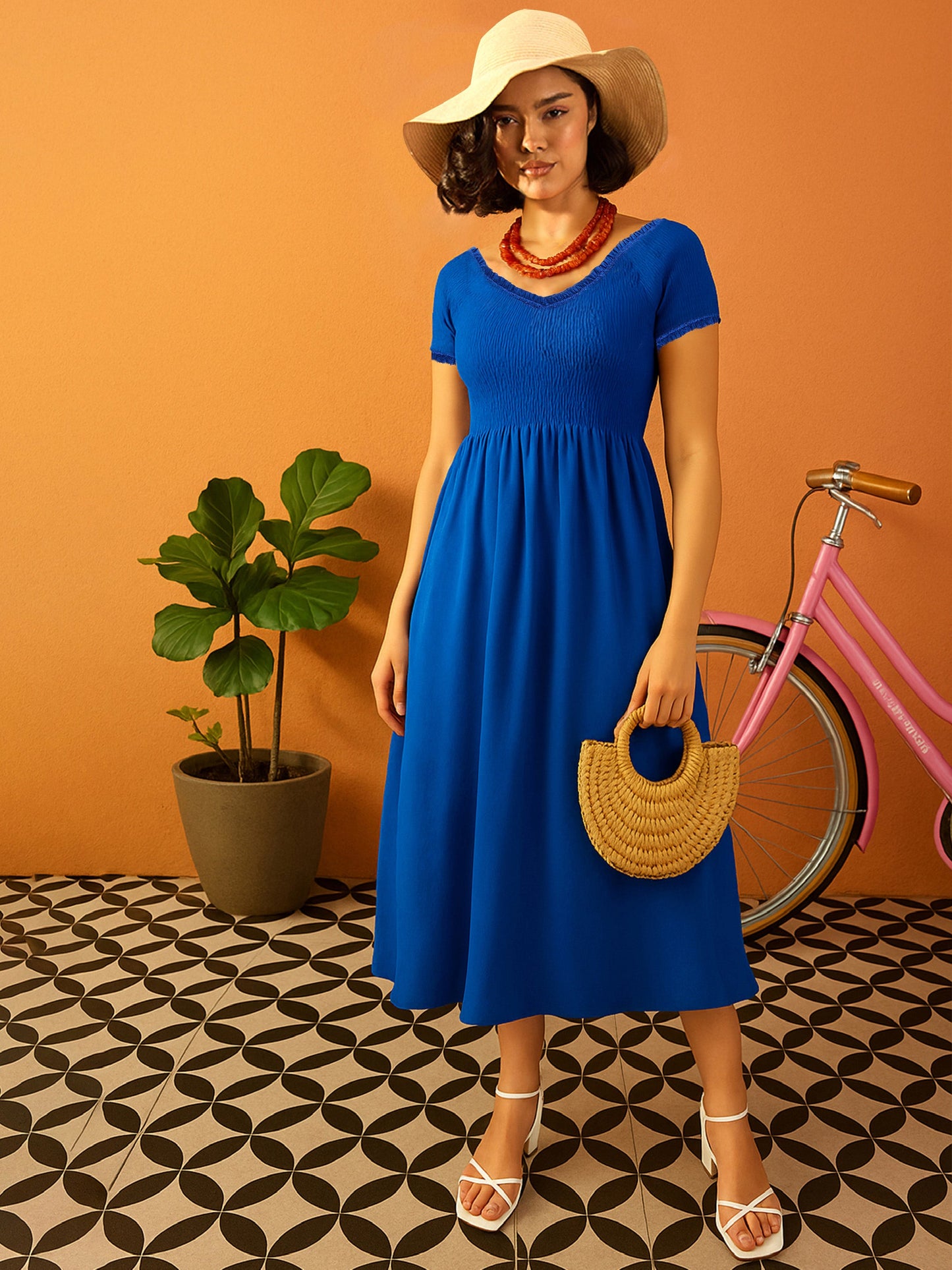 Blue Poplin Smocked Midi Dress