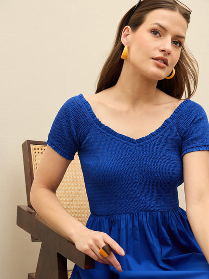 Blue Poplin Smocked Midi Dress