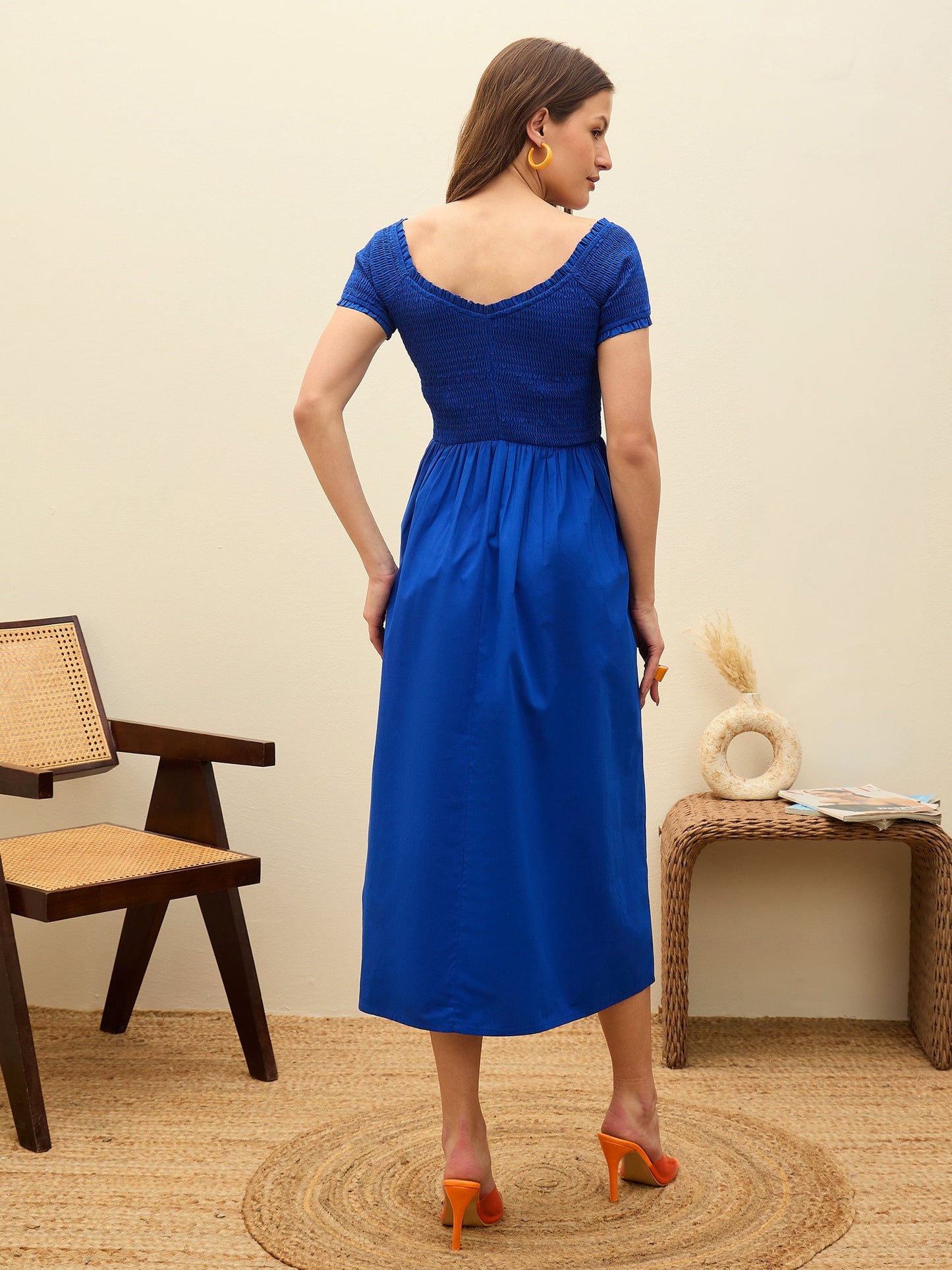 Blue Poplin Smocked Midi Dress