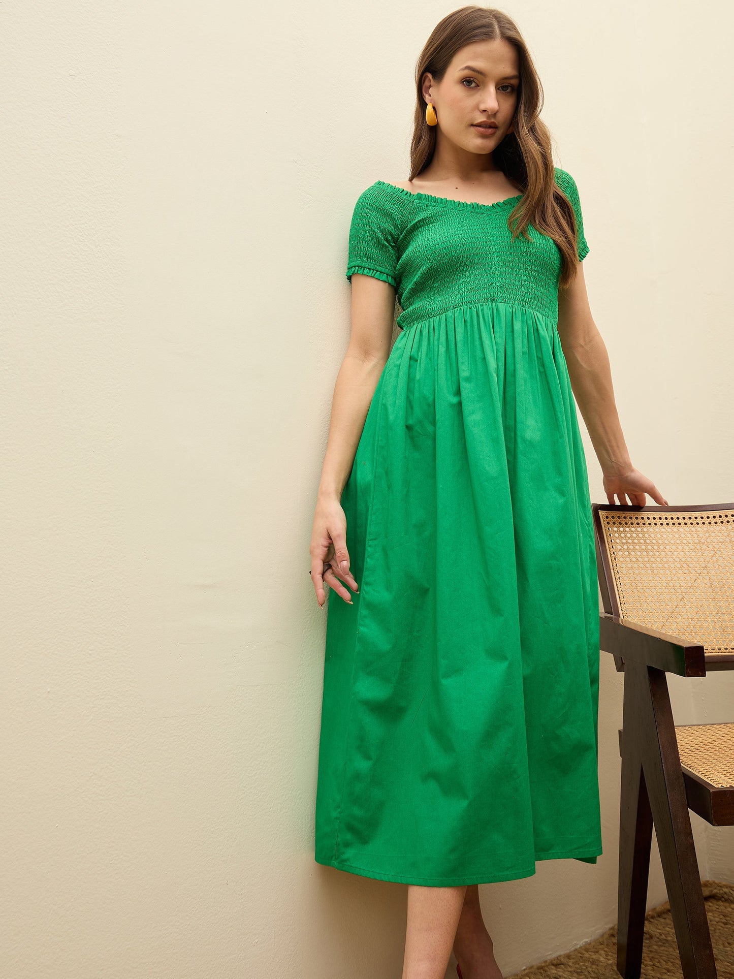 Women Green Poplin Smocked Midi Dress