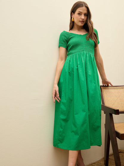 Women Green Poplin Smocked Midi Dress