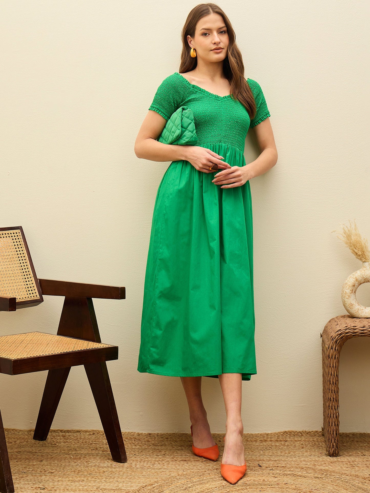 Women Green Poplin Smocked Midi Dress