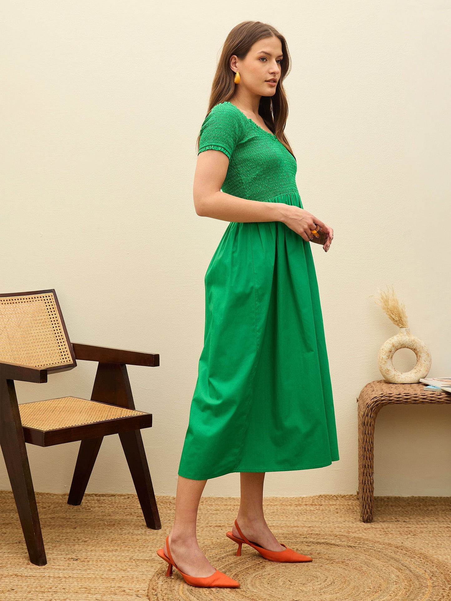 Women Green Poplin Smocked Midi Dress