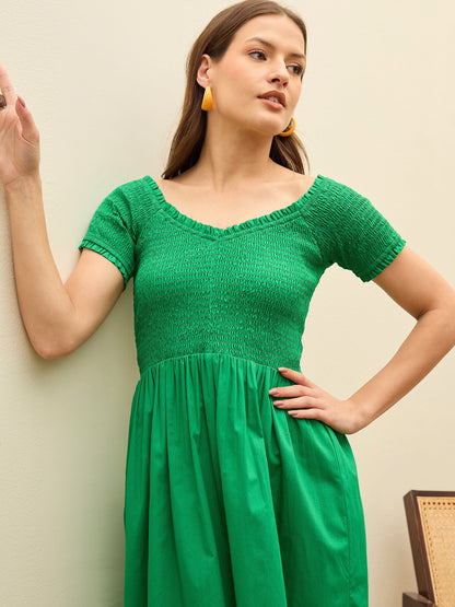 Women Green Poplin Smocked Midi Dress