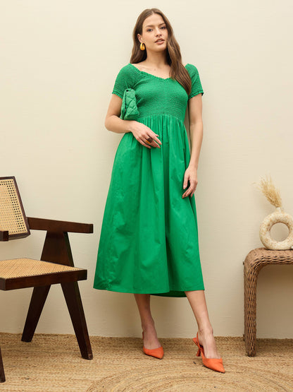 Women Green Poplin Smocked Midi Dress