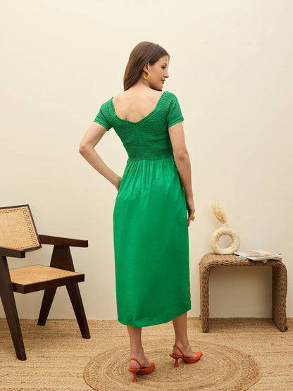 Women Green Poplin Smocked Midi Dress
