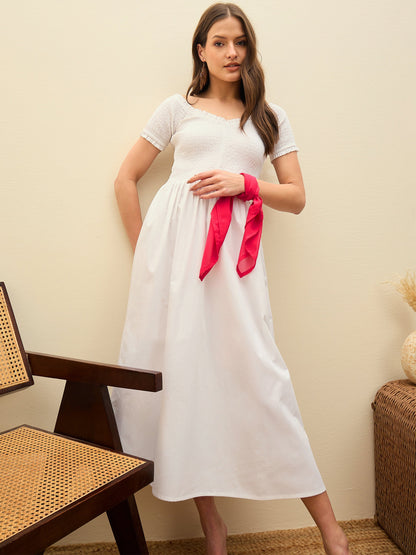 Women White Poplin Smocked Midi Dress