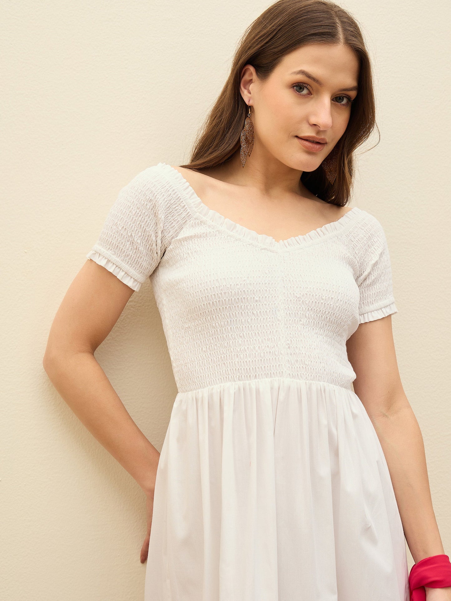 Women White Poplin Smocked Midi Dress