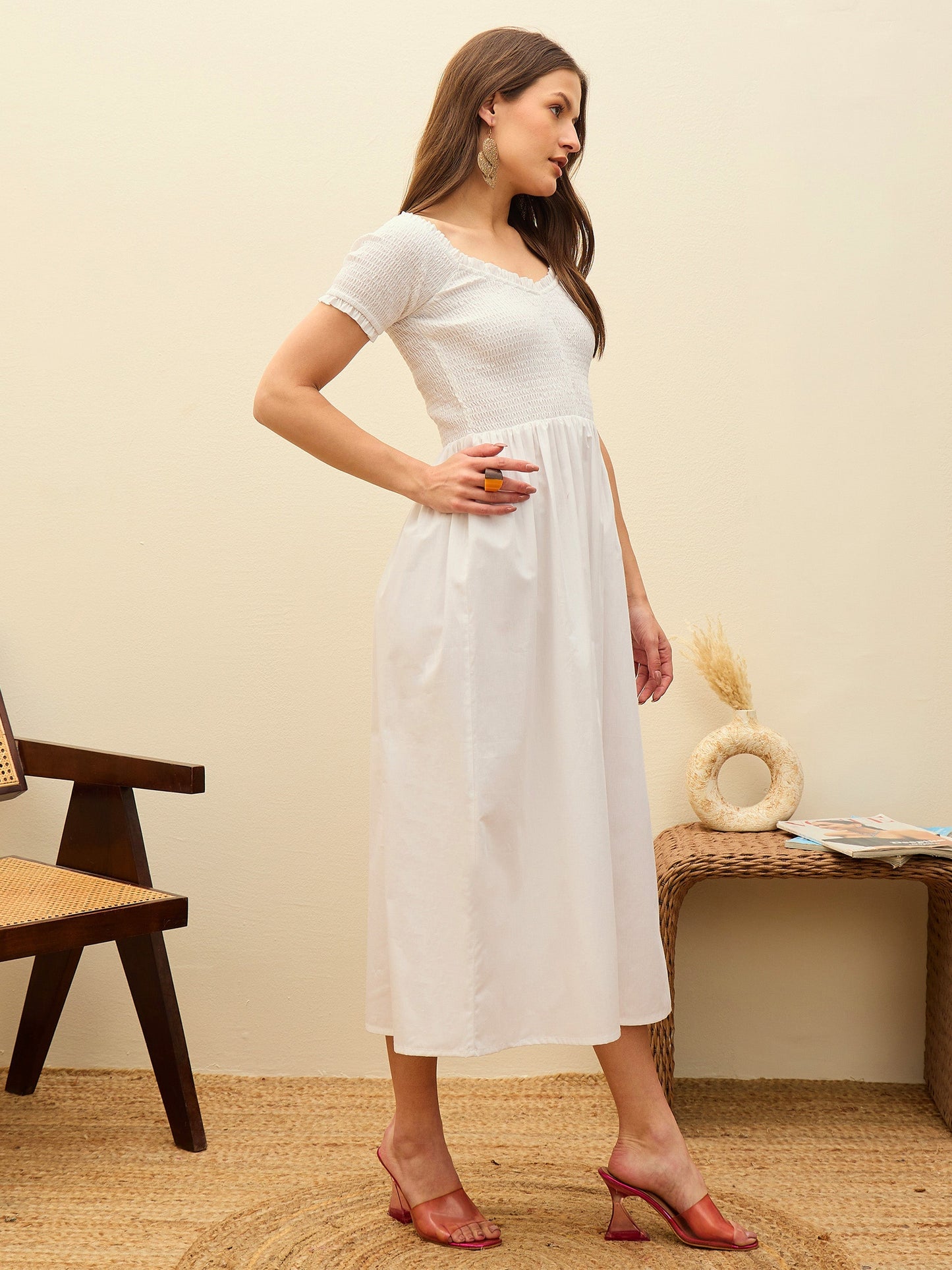 Women White Poplin Smocked Midi Dress