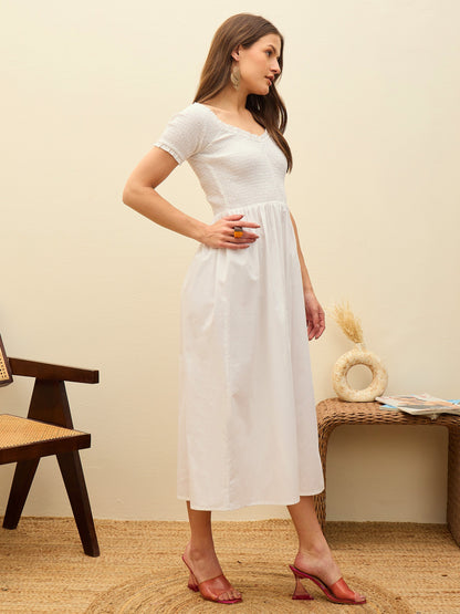 Women White Poplin Smocked Midi Dress
