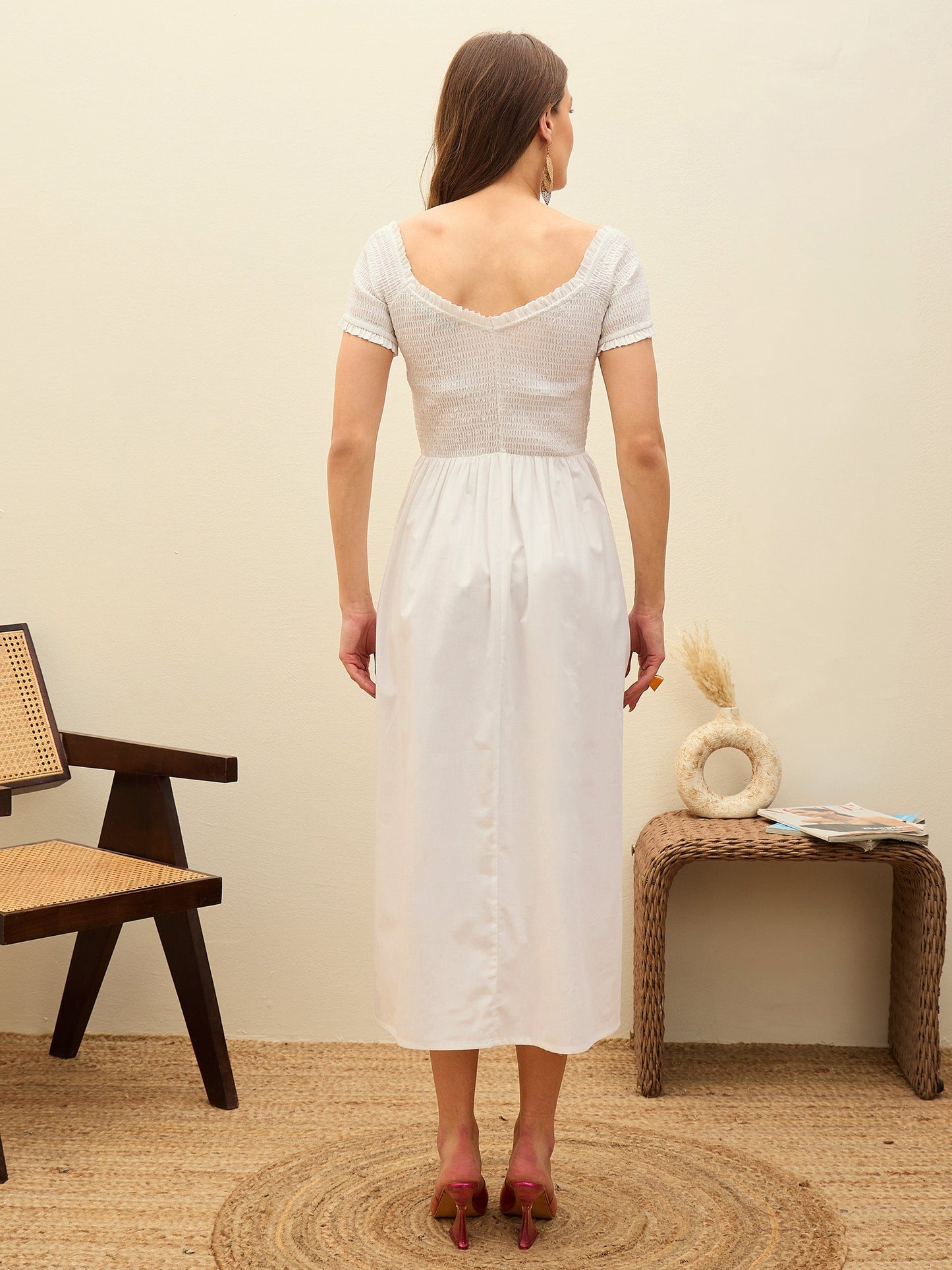 Women White Poplin Smocked Midi Dress