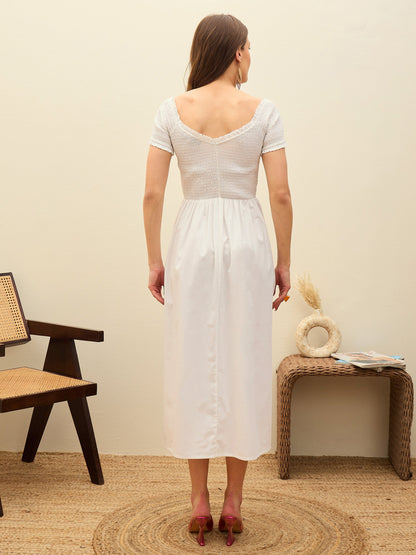 Women White Poplin Smocked Midi Dress