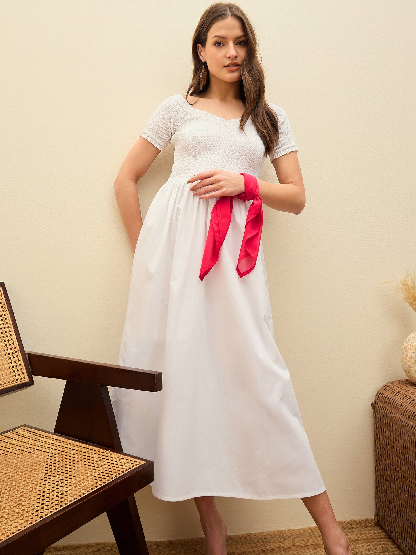 Women White Poplin Smocked Midi Dress