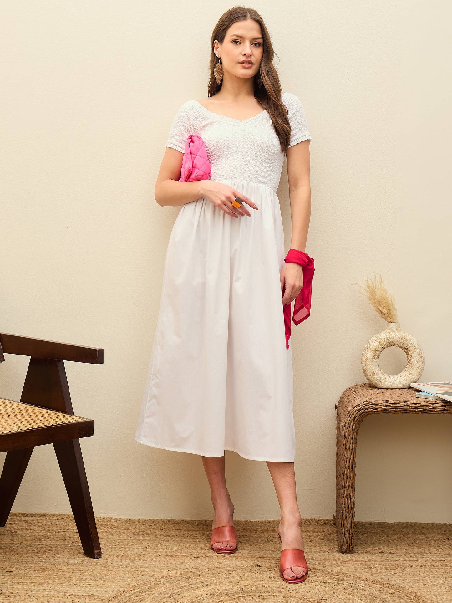 Women White Poplin Smocked Midi Dress
