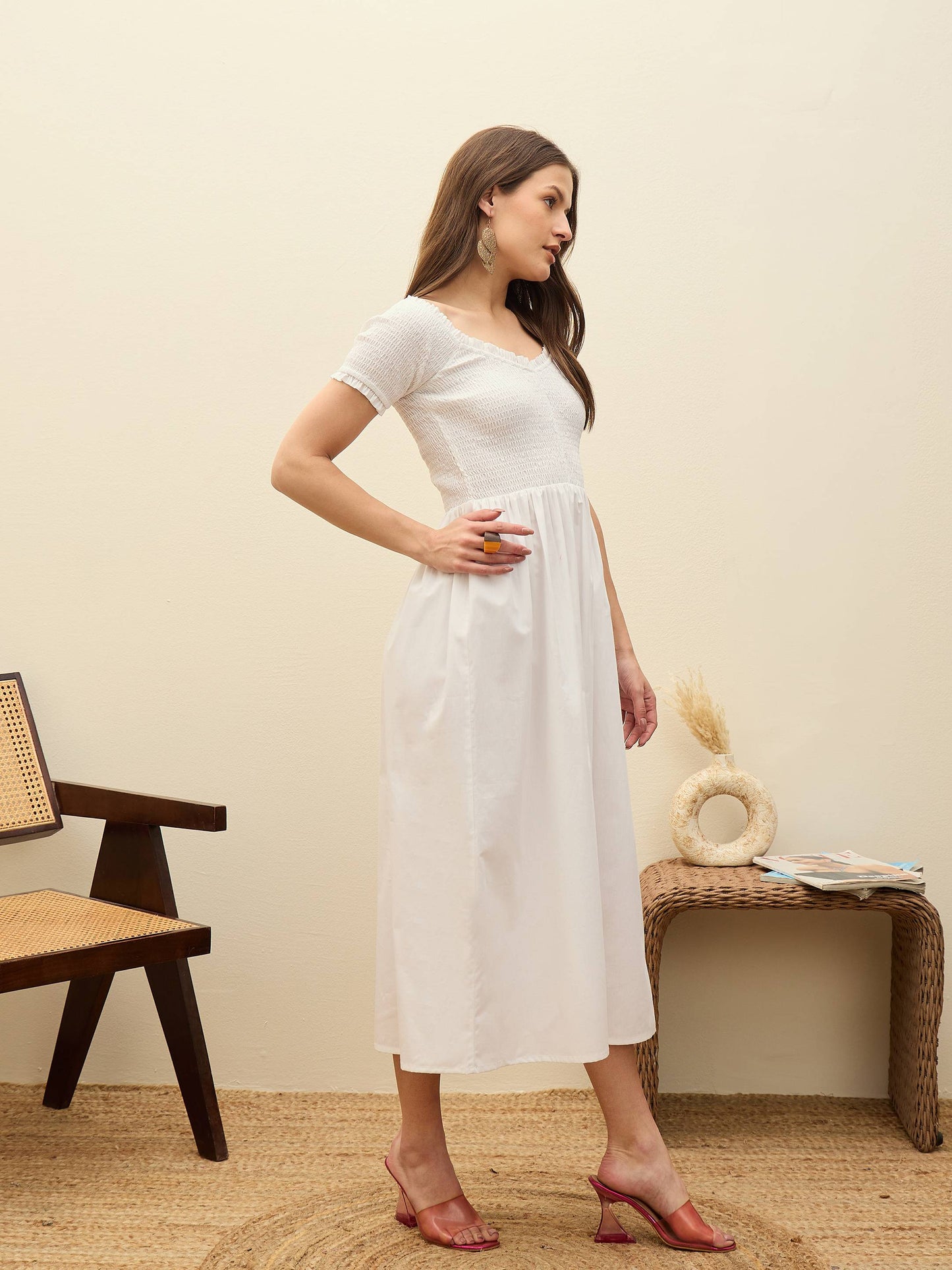 Women White Poplin Smocked Midi Dress