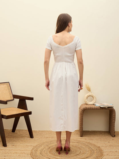 Women White Poplin Smocked Midi Dress