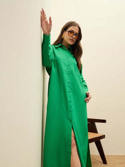 Women Green Poplin Longline Shirt Dress