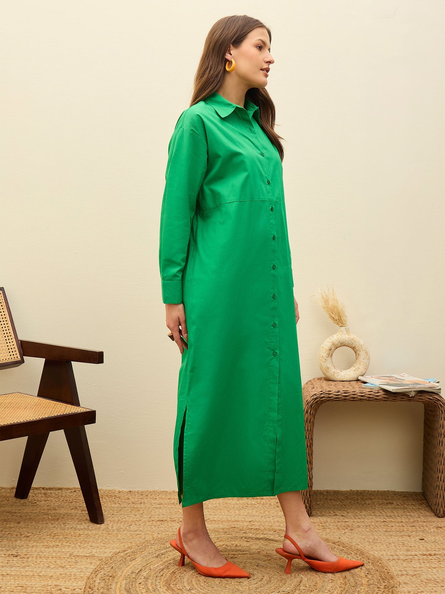 Women Green Poplin Longline Shirt Dress